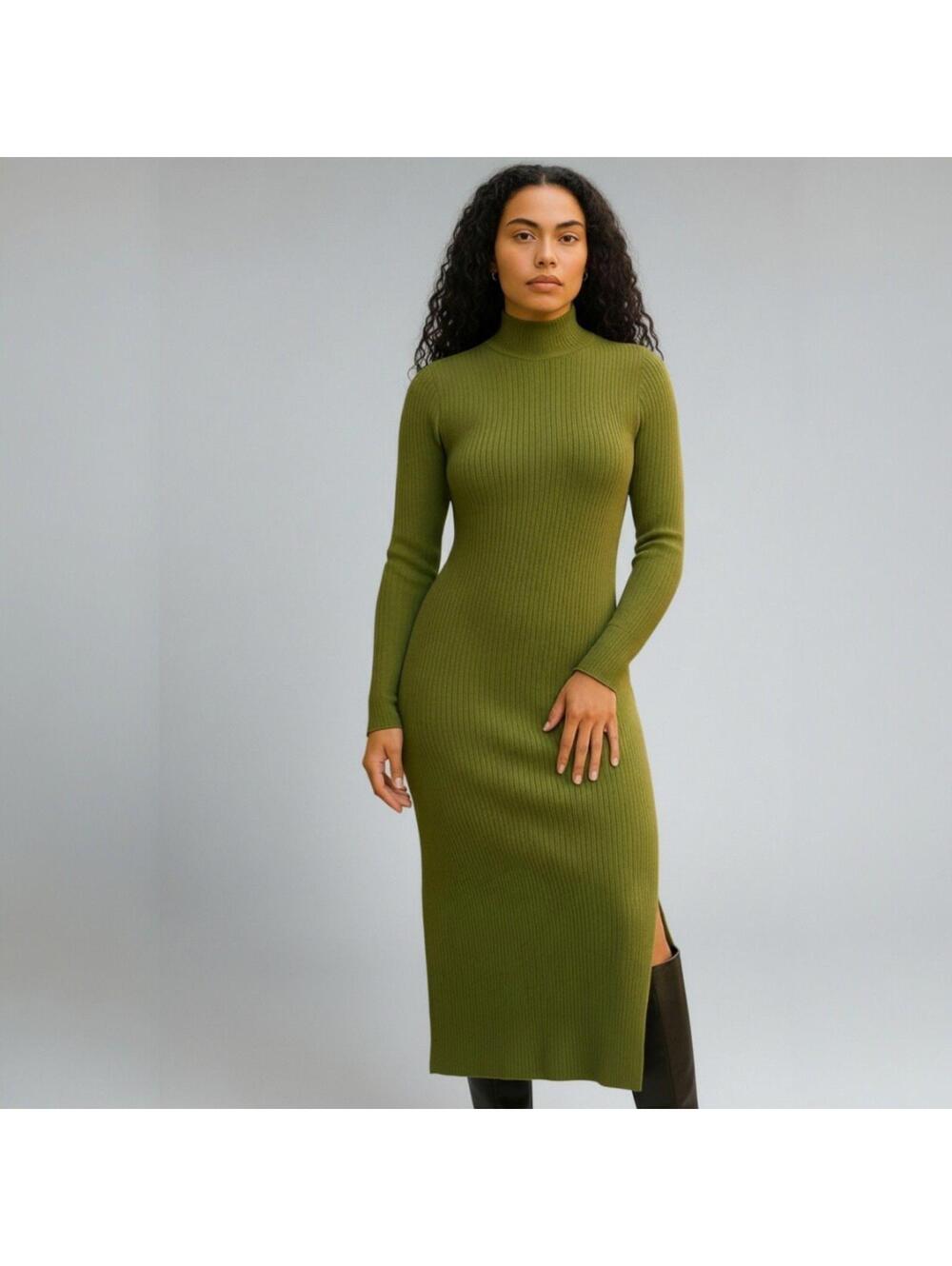Green Ribbed Knit Dress Mock Neck Bodycon Maxi Backyard Roses Women's XS New